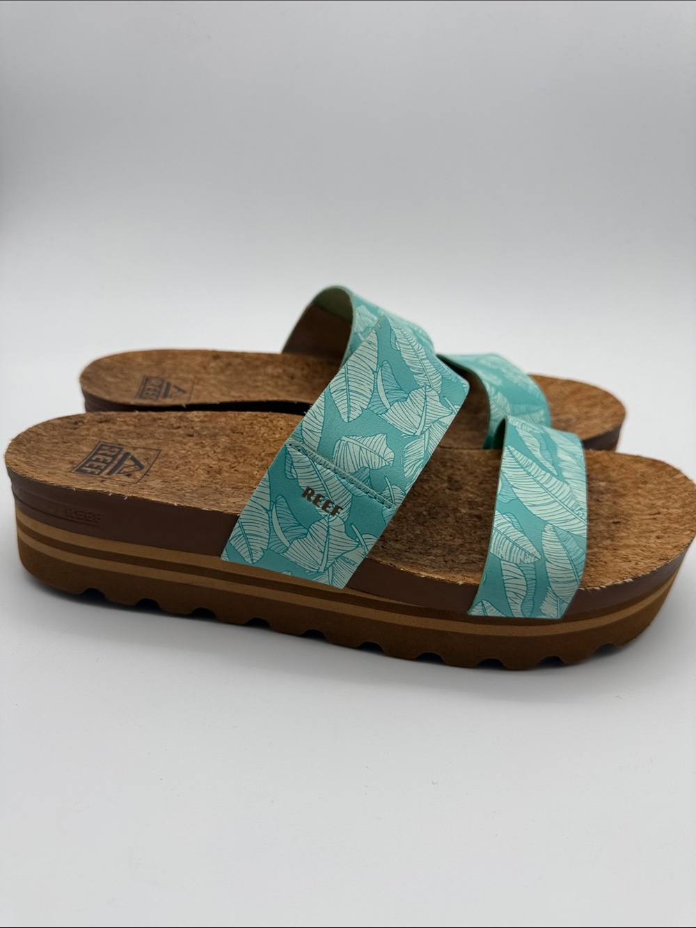 REEF Women’s 9 Turquoise Tropical Leaf Platform Slide Sandals Cork Footbed